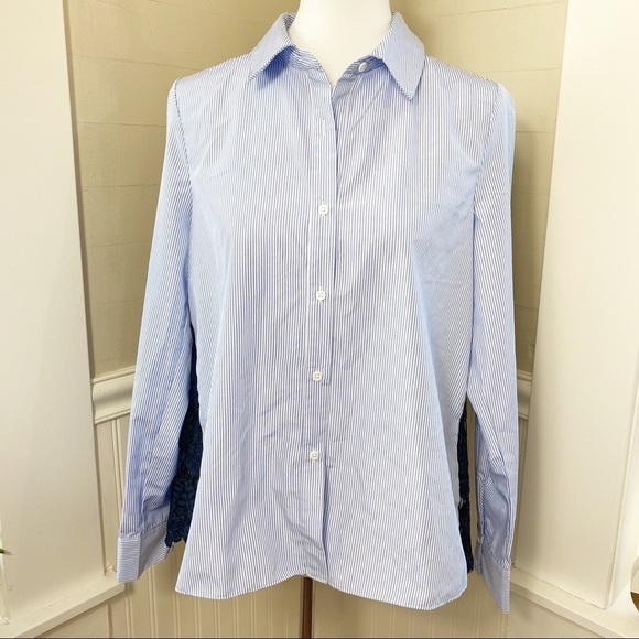 Anthropologie English Factory Blue & White Striped Cotton Shirt w/ Lace Back - Picture 3 of 13